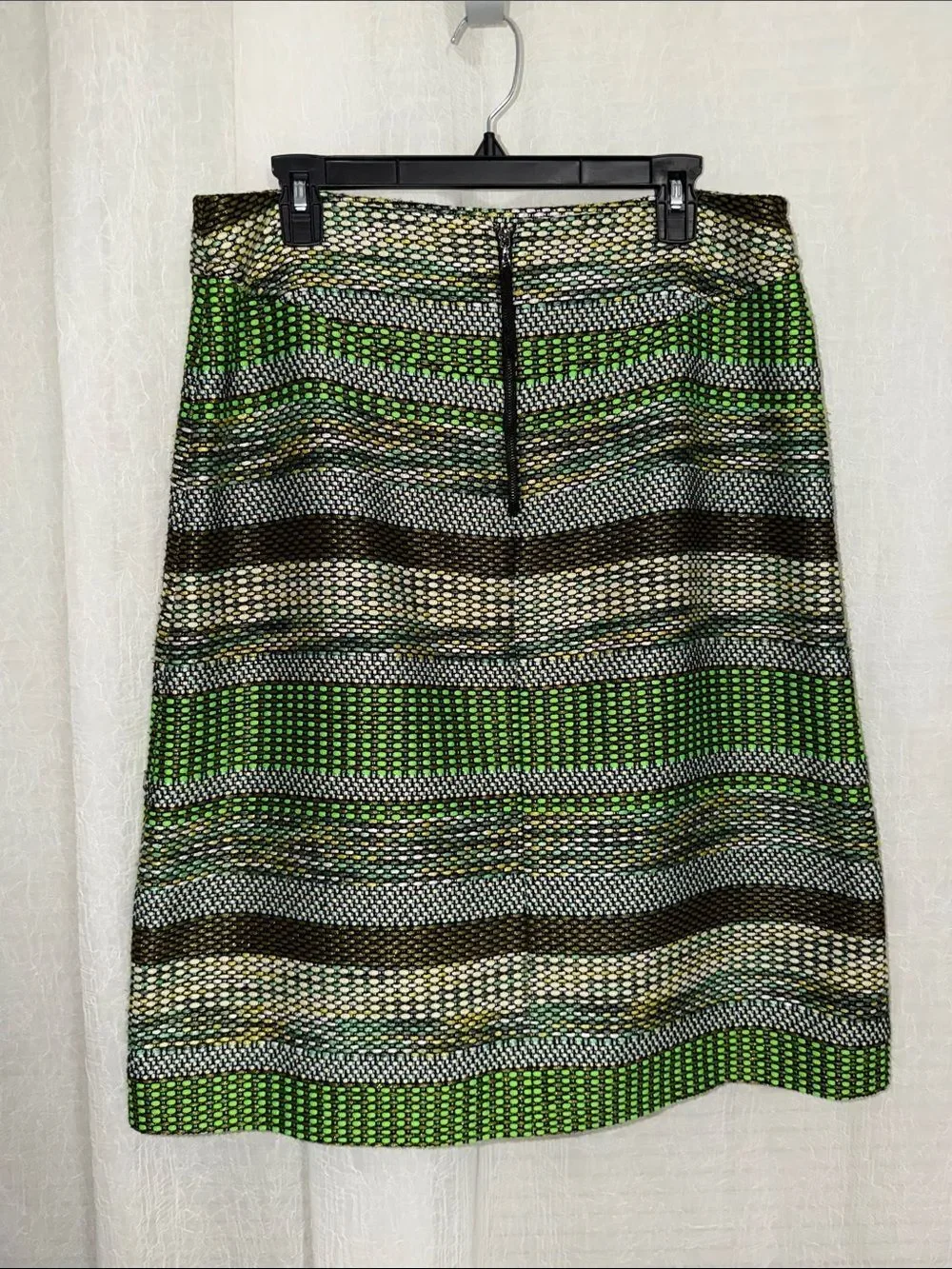 Anthropologie 14 LEIFSDOTTIR Jade Green Tweed Striped Pencil Knee length Skirt